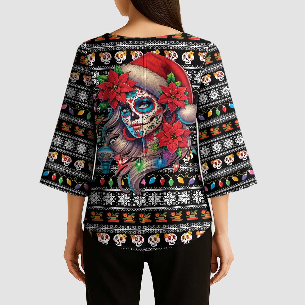 Mexican Sugar Skull Lady Christmas Kimono Sleeve Blouse Feliz Navidad Mexico - Wonder Print Shop