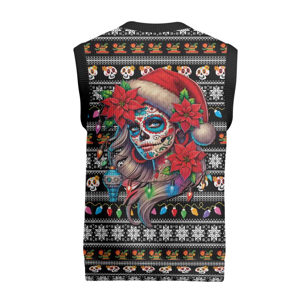 Mexican Sugar Skull Lady Christmas Knitted V-Neck Vest Feliz Navidad Mexico - Wonder Print Shop