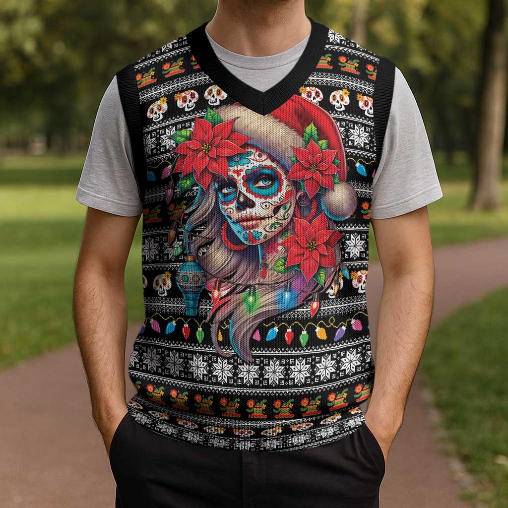 Mexican Sugar Skull Lady Christmas Knitted V-Neck Vest Feliz Navidad Mexico - Wonder Print Shop