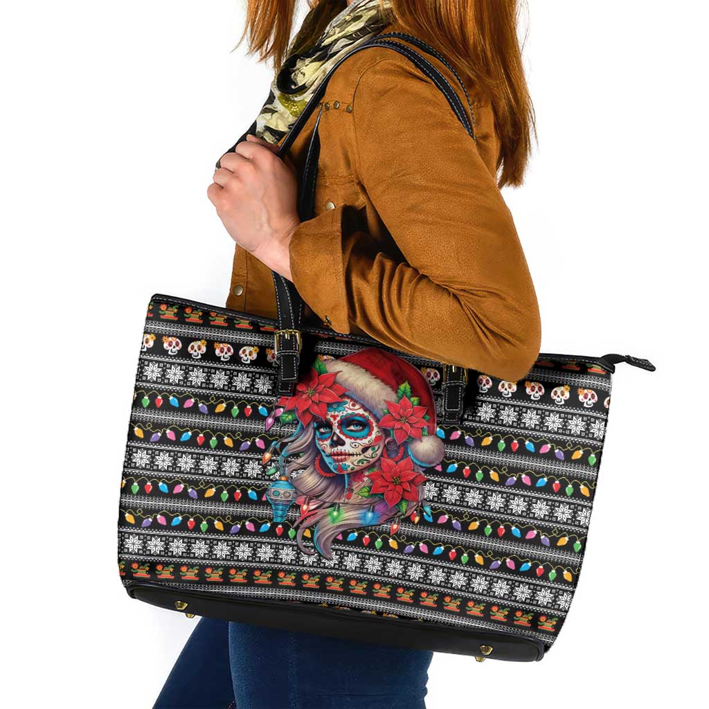 Mexican Sugar Skull Lady Christmas Leather Tote Bag Feliz Navidad Mexico - Wonder Print Shop