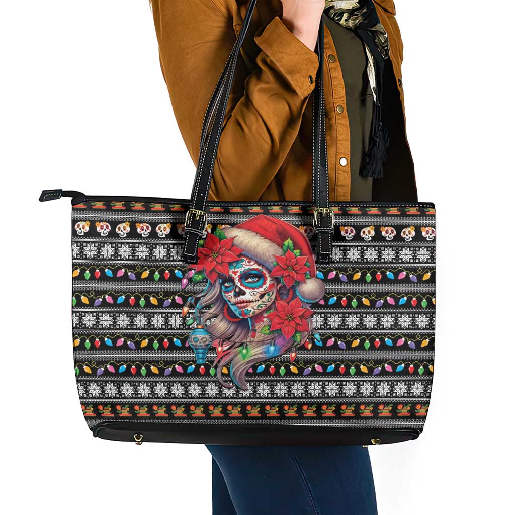 Mexican Sugar Skull Lady Christmas Leather Tote Bag Feliz Navidad Mexico - Wonder Print Shop