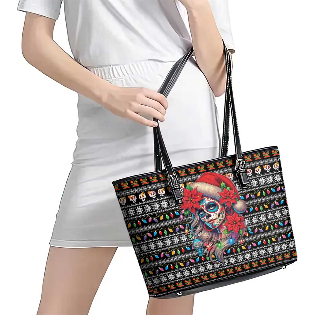 Mexican Sugar Skull Lady Christmas Leather Tote Bag Feliz Navidad Mexico - Wonder Print Shop