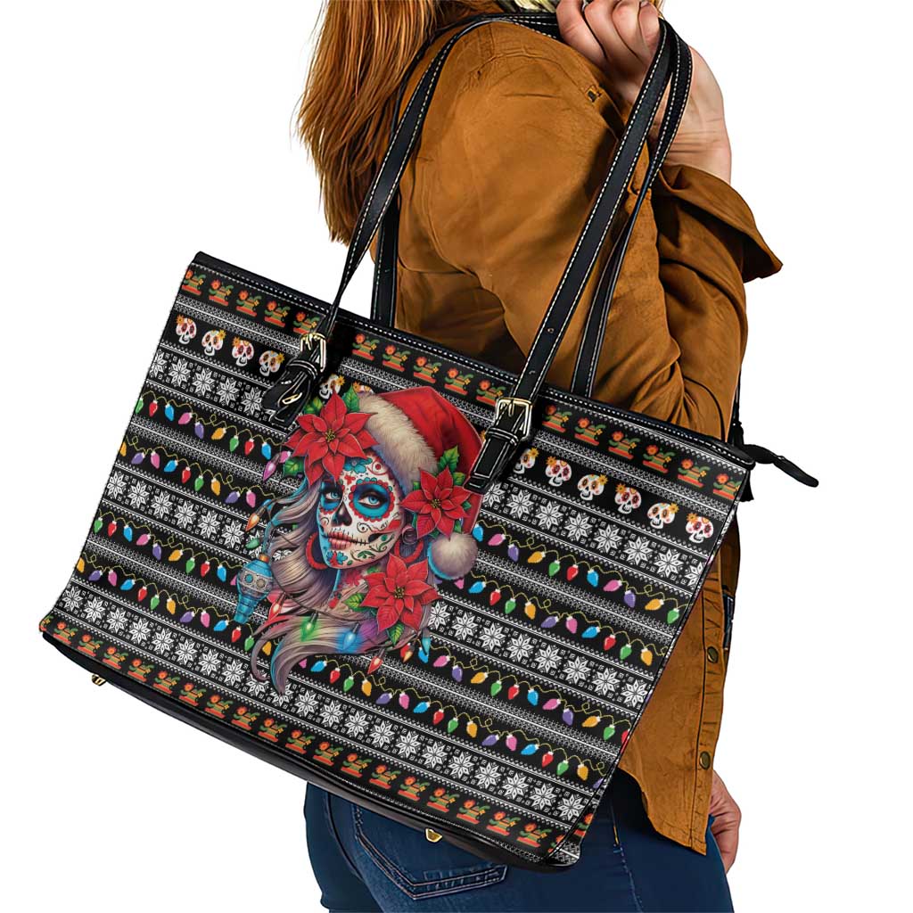 Mexican Sugar Skull Lady Christmas Leather Tote Bag Feliz Navidad Mexico - Wonder Print Shop
