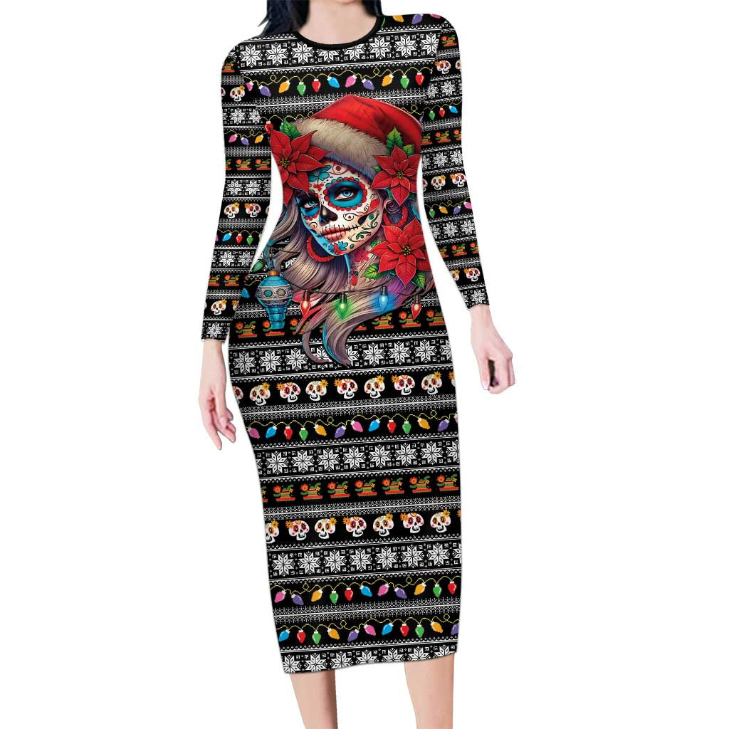 Mexican Sugar Skull Lady Christmas Long Sleeve Bodycon Dress Feliz Navidad Mexico - Wonder Print Shop