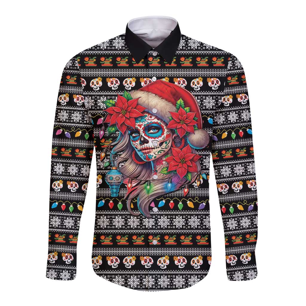 Mexican Sugar Skull Lady Christmas Long Sleeve Button Shirt Feliz Navidad Mexico - Wonder Print Shop