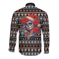 Mexican Sugar Skull Lady Christmas Long Sleeve Button Shirt Feliz Navidad Mexico - Wonder Print Shop