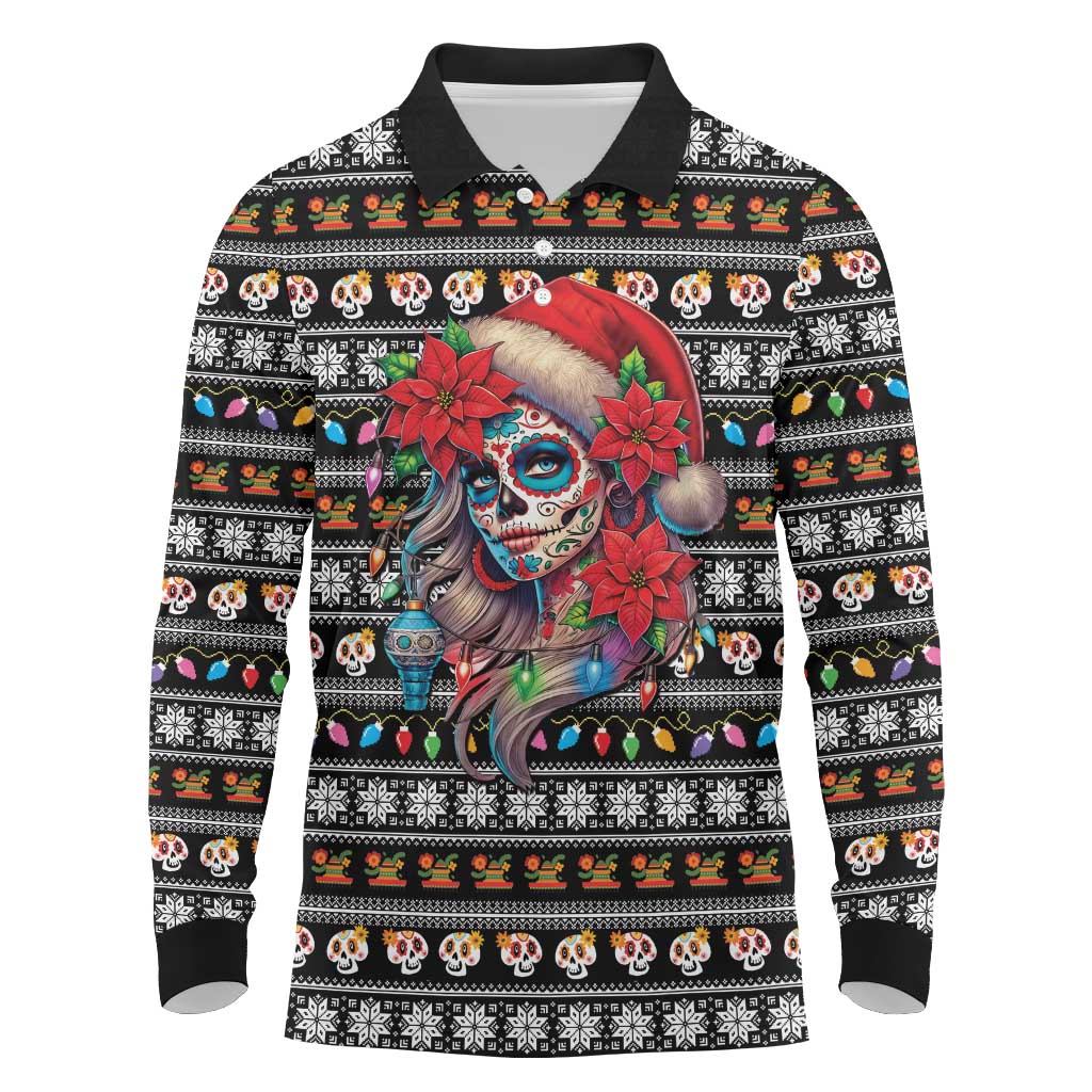 Mexican Sugar Skull Lady Christmas Long Sleeve Polo Shirt Feliz Navidad Mexico - Wonder Print Shop