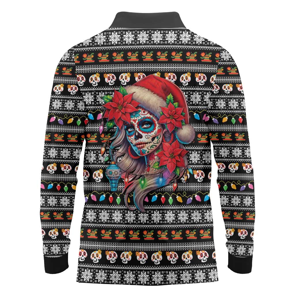 Mexican Sugar Skull Lady Christmas Long Sleeve Polo Shirt Feliz Navidad Mexico - Wonder Print Shop
