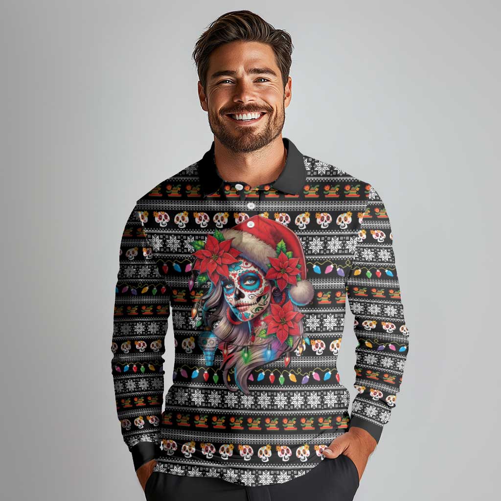 Mexican Sugar Skull Lady Christmas Long Sleeve Polo Shirt Feliz Navidad Mexico - Wonder Print Shop