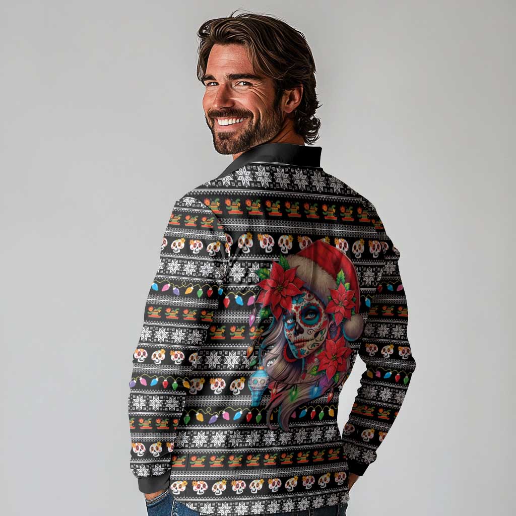 Mexican Sugar Skull Lady Christmas Long Sleeve Polo Shirt Feliz Navidad Mexico - Wonder Print Shop