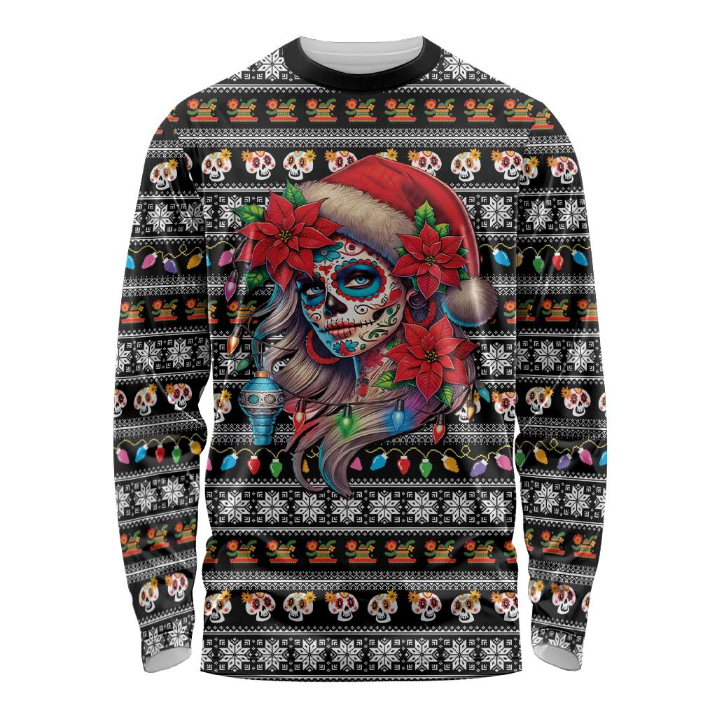 Mexican Sugar Skull Lady Christmas Long Sleeve Shirt Feliz Navidad Mexico - Wonder Print Shop