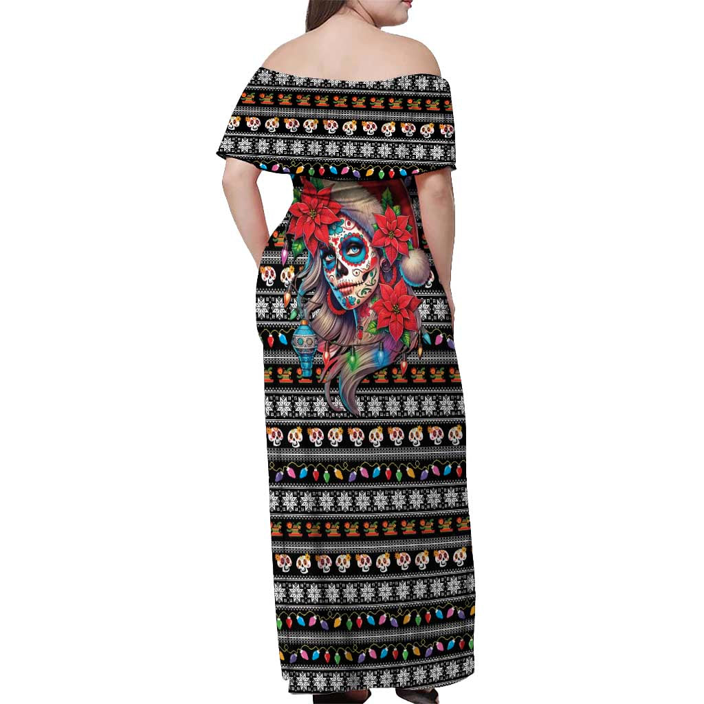 Mexican Sugar Skull Lady Christmas Off Shoulder Maxi Dress Feliz Navidad Mexico - Wonder Print Shop