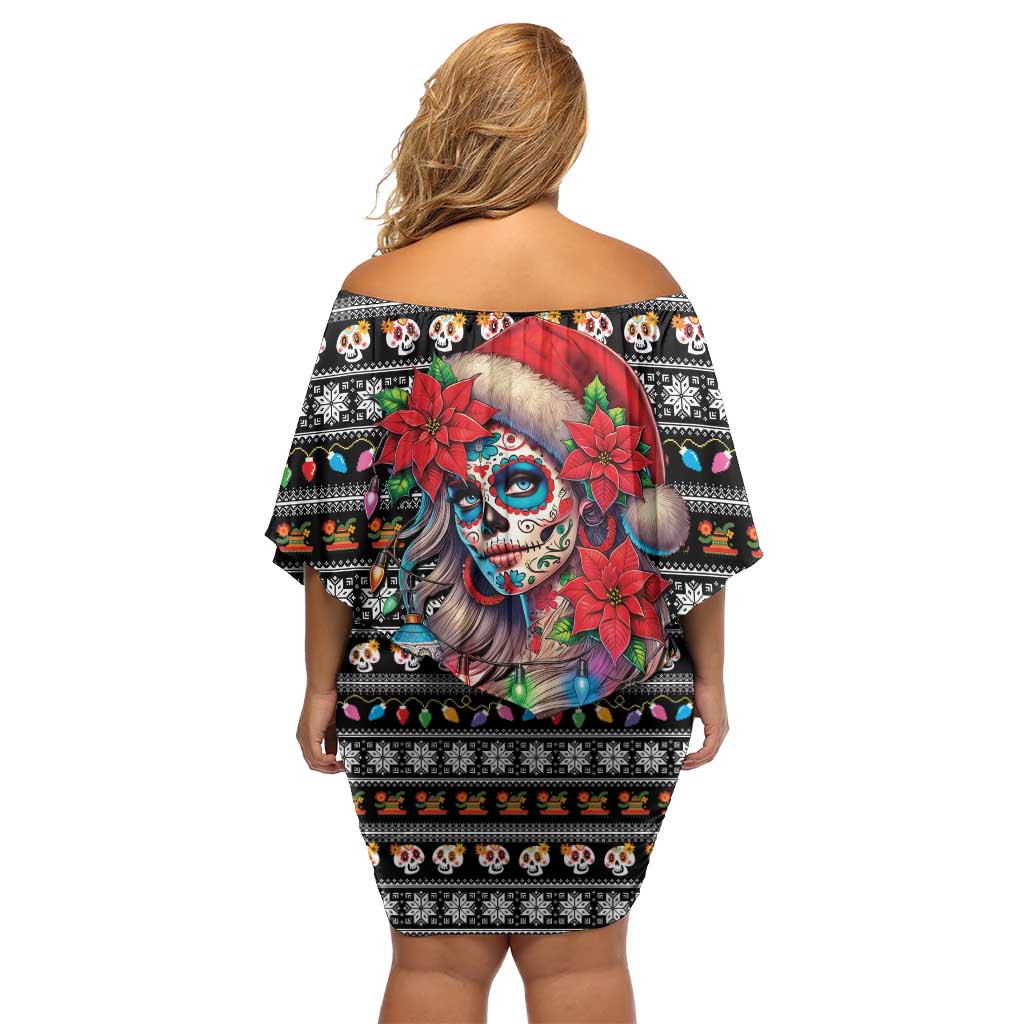 Mexican Sugar Skull Lady Christmas Off Shoulder Short Dress Feliz Navidad Mexico - Wonder Print Shop