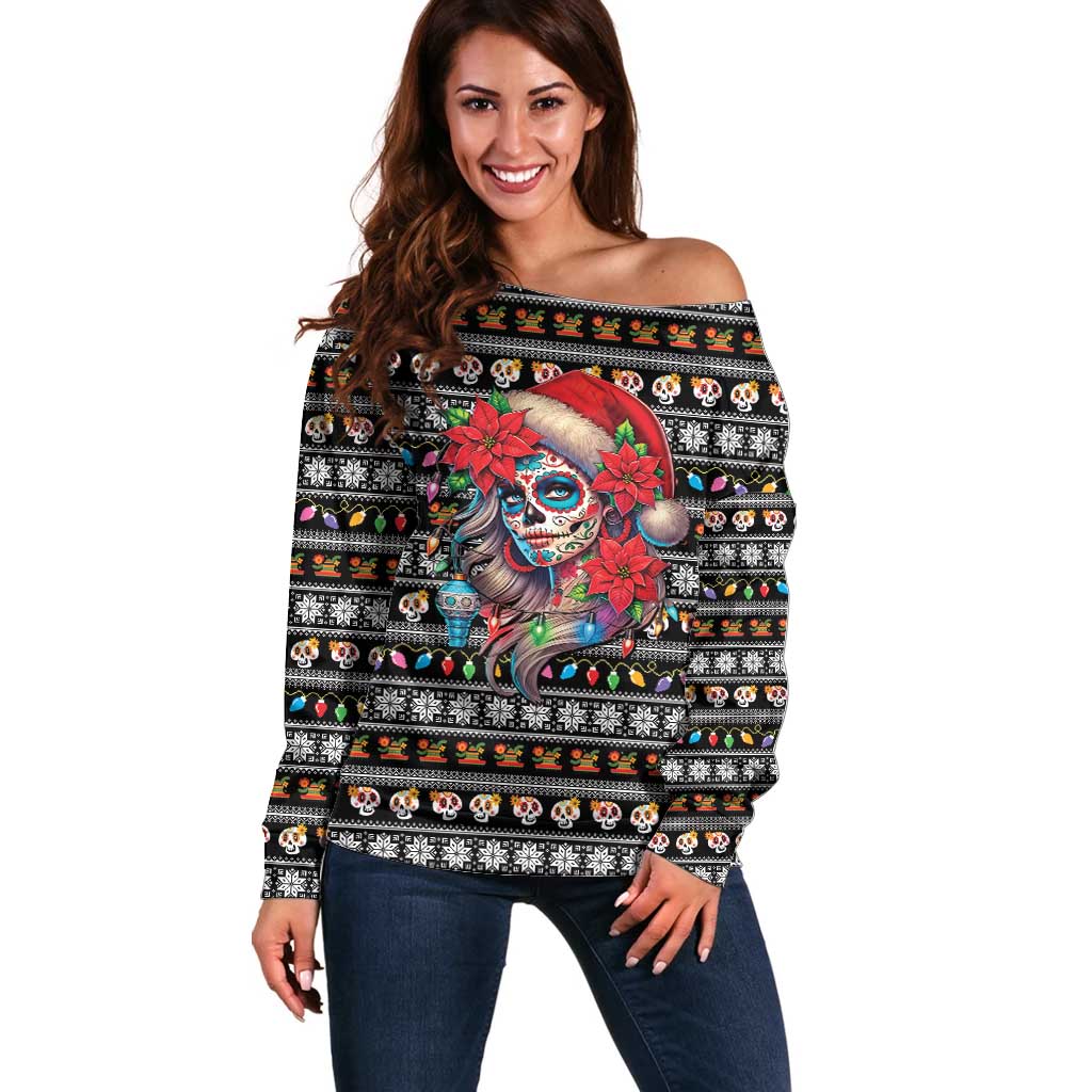 Mexican Sugar Skull Lady Christmas Off Shoulder Sweater Feliz Navidad Mexico - Wonder Print Shop