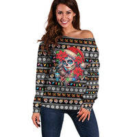 Mexican Sugar Skull Lady Christmas Off Shoulder Sweater Feliz Navidad Mexico - Wonder Print Shop