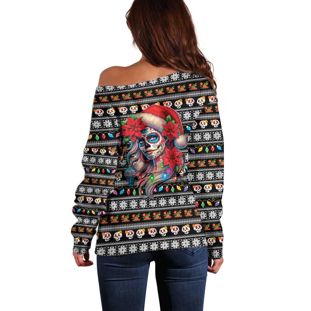 Mexican Sugar Skull Lady Christmas Off Shoulder Sweater Feliz Navidad Mexico - Wonder Print Shop