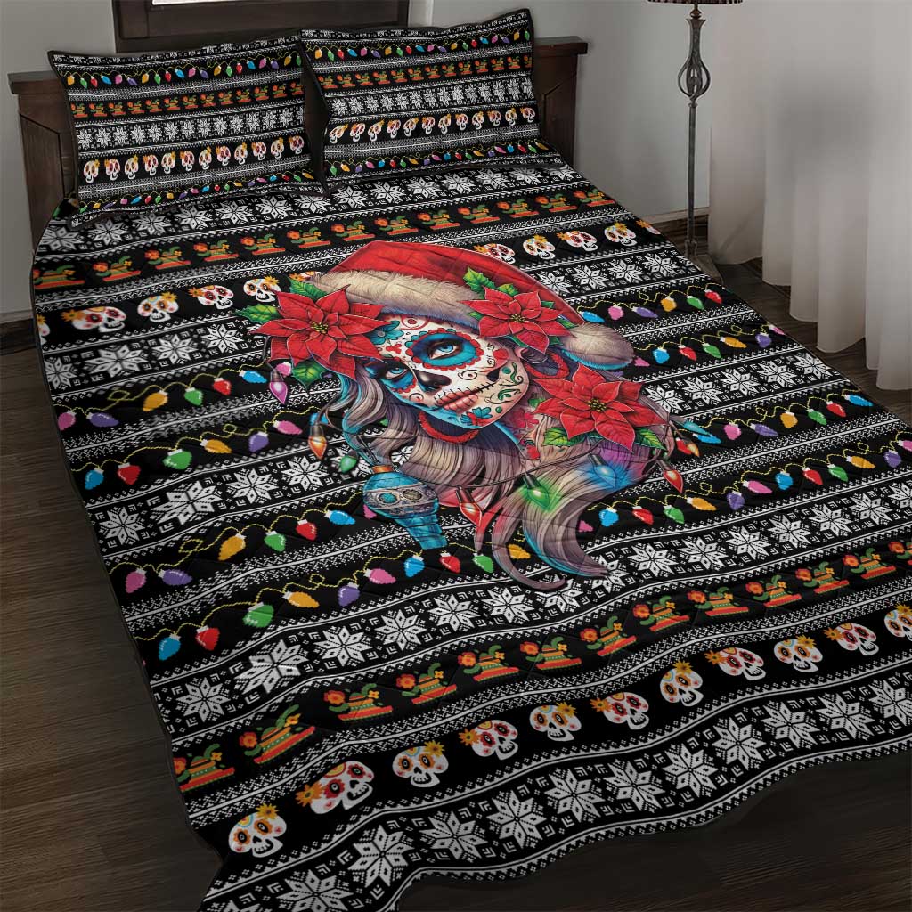 Mexican Sugar Skull Lady Christmas Quilt Bed Set Feliz Navidad Mexico - Wonder Print Shop