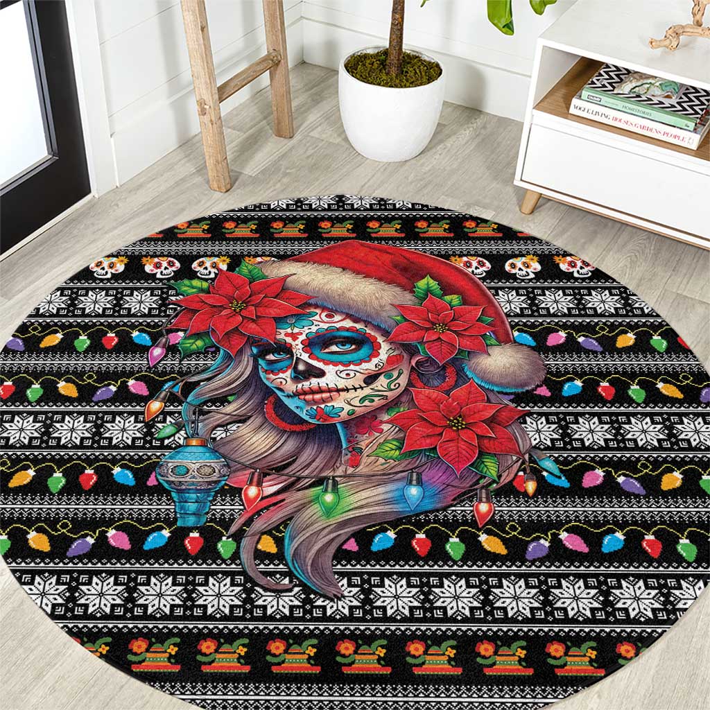 Mexican Sugar Skull Lady Christmas Round Carpet Feliz Navidad Mexico - Wonder Print Shop