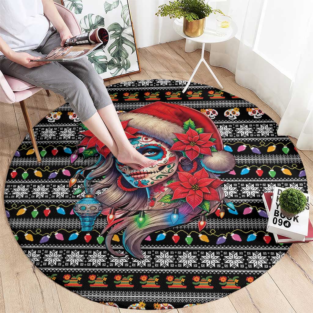 Mexican Sugar Skull Lady Christmas Round Carpet Feliz Navidad Mexico - Wonder Print Shop