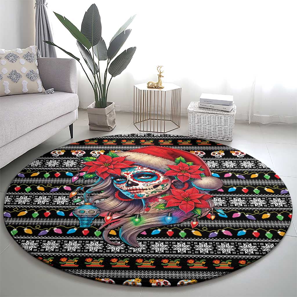 Mexican Sugar Skull Lady Christmas Round Carpet Feliz Navidad Mexico - Wonder Print Shop
