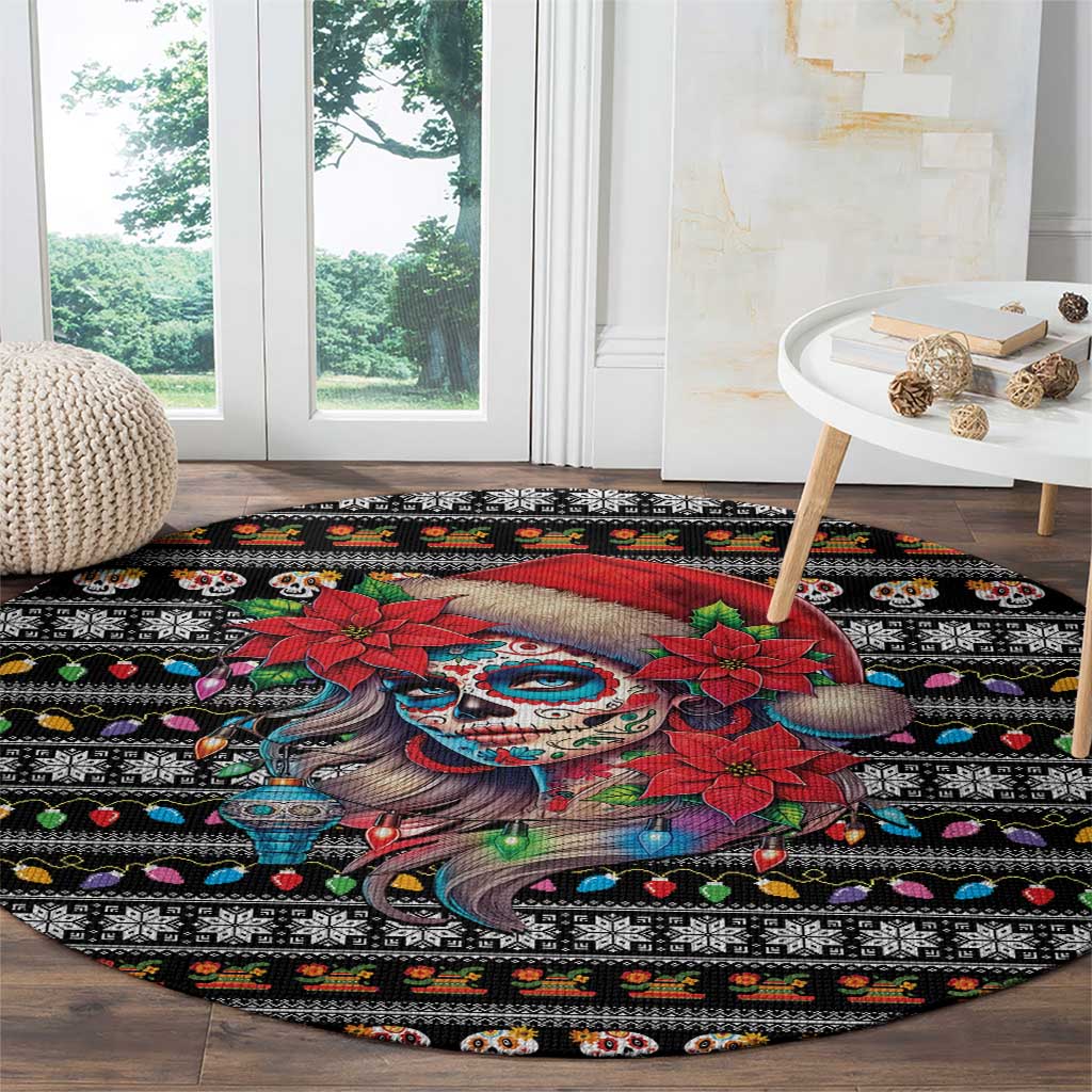 Mexican Sugar Skull Lady Christmas Round Carpet Feliz Navidad Mexico - Wonder Print Shop