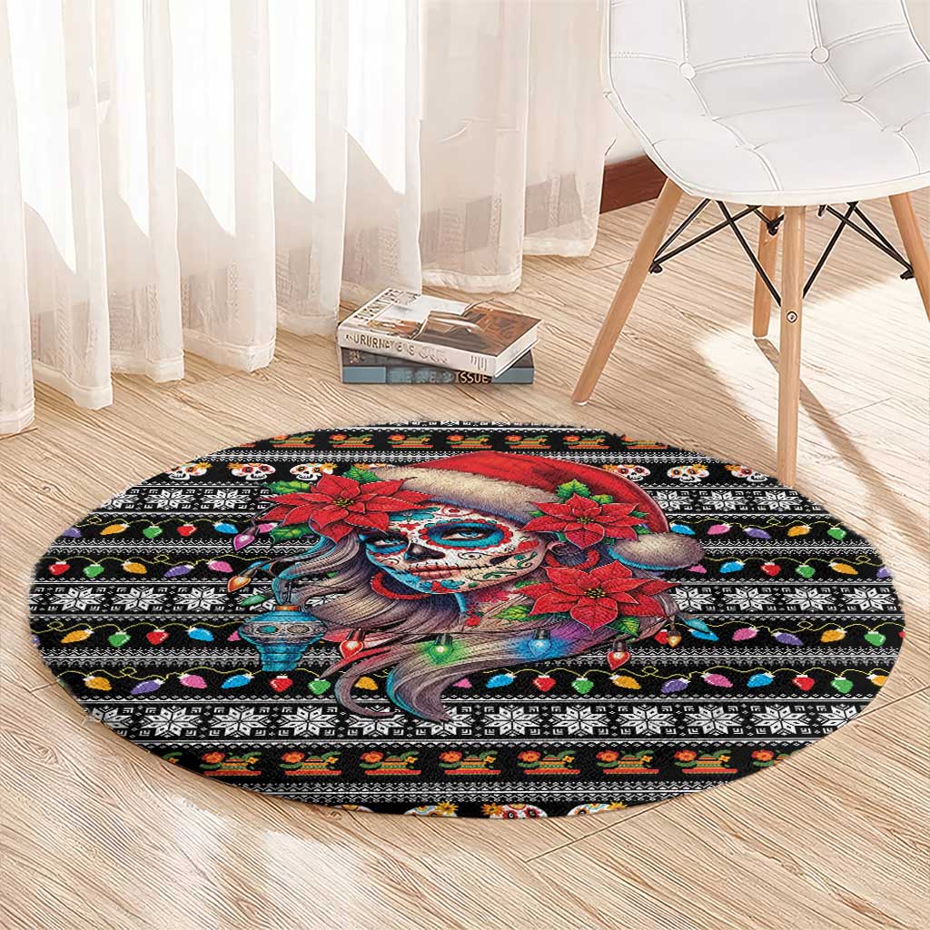 Mexican Sugar Skull Lady Christmas Round Carpet Feliz Navidad Mexico - Wonder Print Shop
