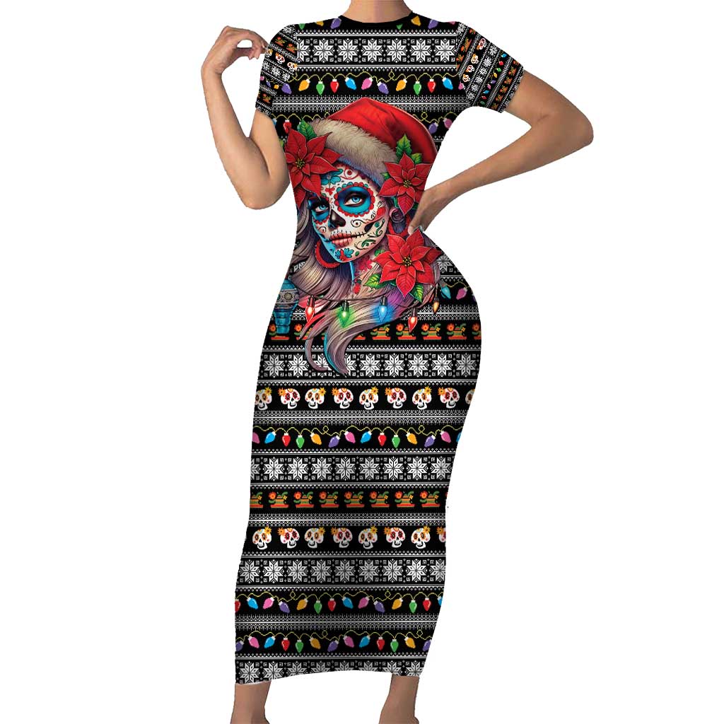 Mexican Sugar Skull Lady Christmas Short Sleeve Bodycon Dress Feliz Navidad Mexico - Wonder Print Shop