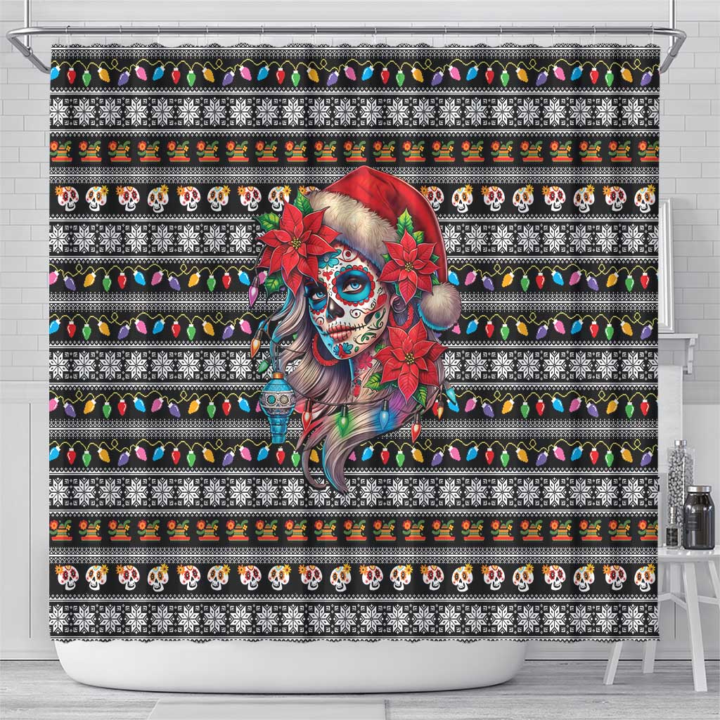 Mexican Sugar Skull Lady Christmas Shower Curtain Feliz Navidad Mexico - Wonder Print Shop