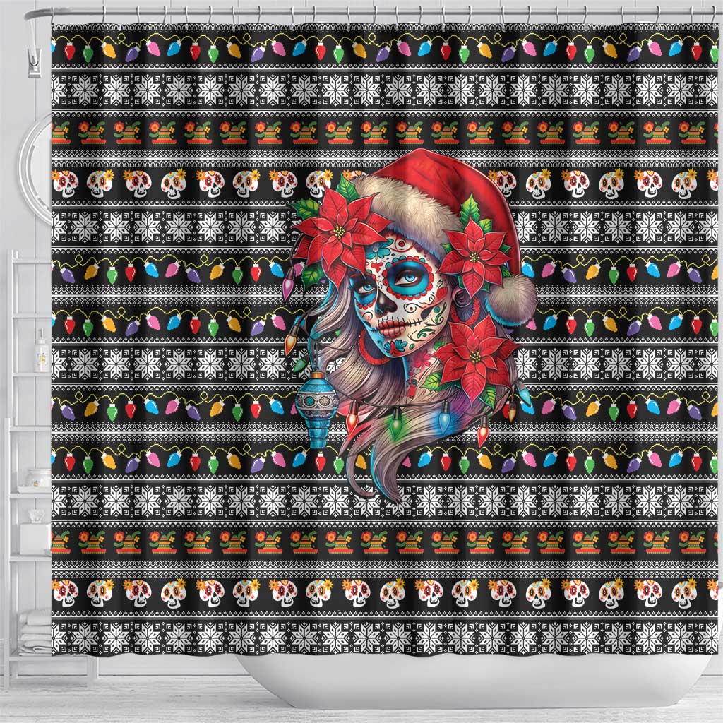 Mexican Sugar Skull Lady Christmas Shower Curtain Feliz Navidad Mexico - Wonder Print Shop
