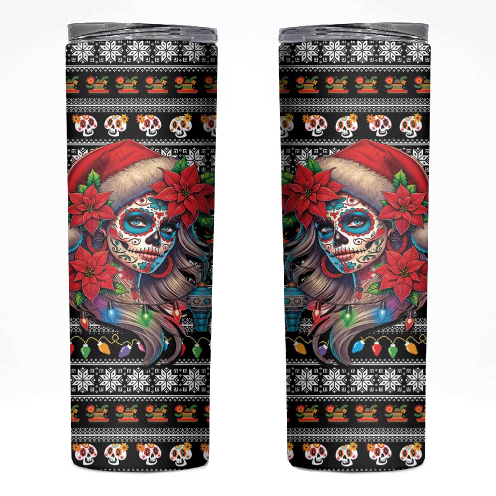 Mexican Sugar Skull Lady Christmas Skinny Tumbler Feliz Navidad Mexico - Wonder Print Shop