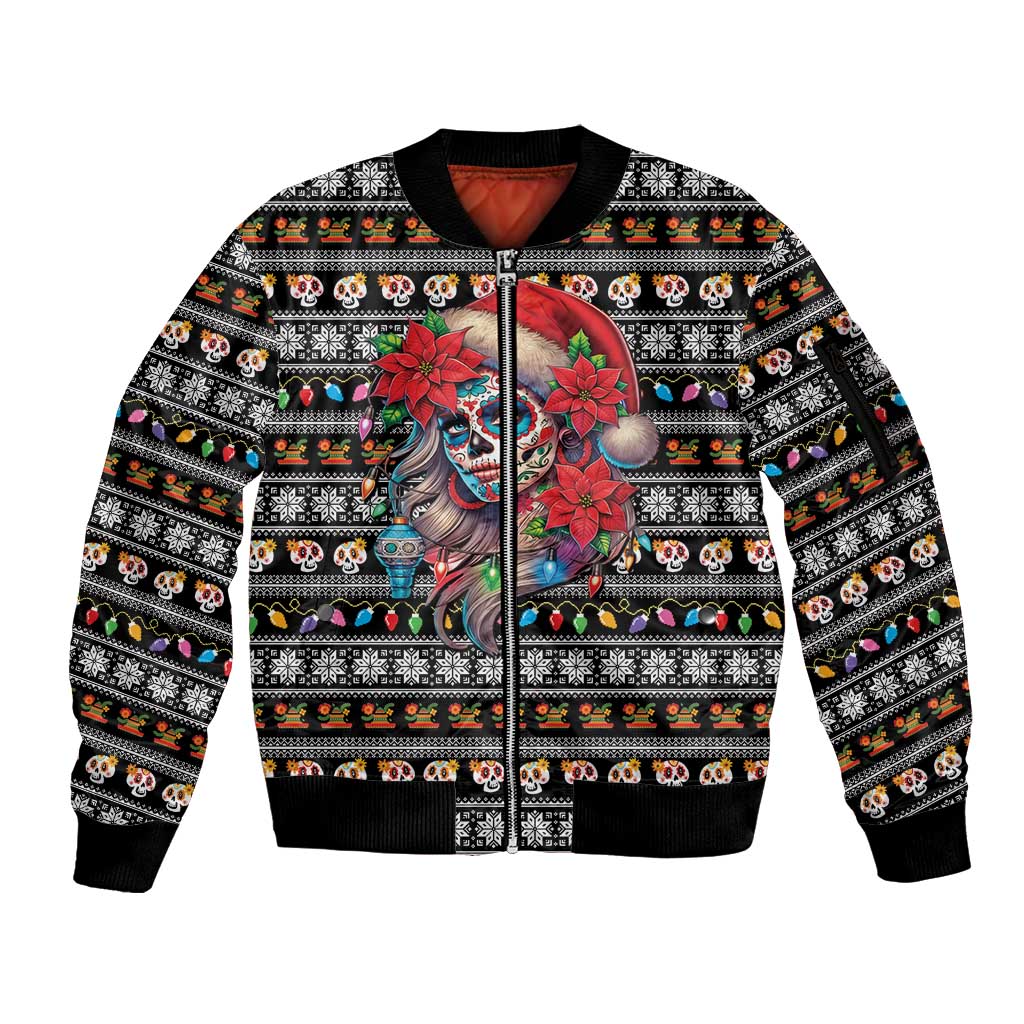 Mexican Sugar Skull Lady Christmas Sleeve Zip Bomber Jacket Feliz Navidad Mexico - Wonder Print Shop