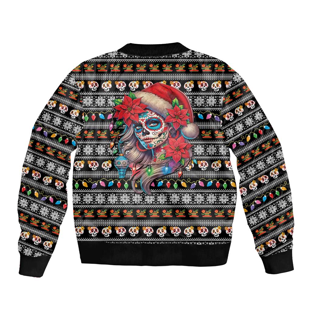 Mexican Sugar Skull Lady Christmas Sleeve Zip Bomber Jacket Feliz Navidad Mexico - Wonder Print Shop