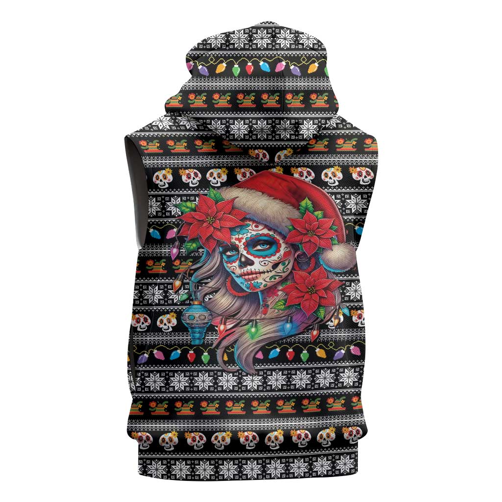 Mexican Sugar Skull Lady Christmas Sleeveless Hoodie Feliz Navidad Mexico - Wonder Print Shop