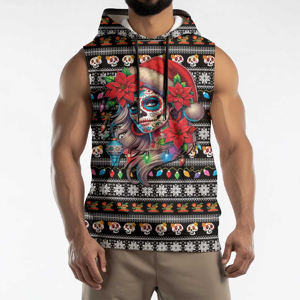 Mexican Sugar Skull Lady Christmas Sleeveless Hoodie Feliz Navidad Mexico - Wonder Print Shop