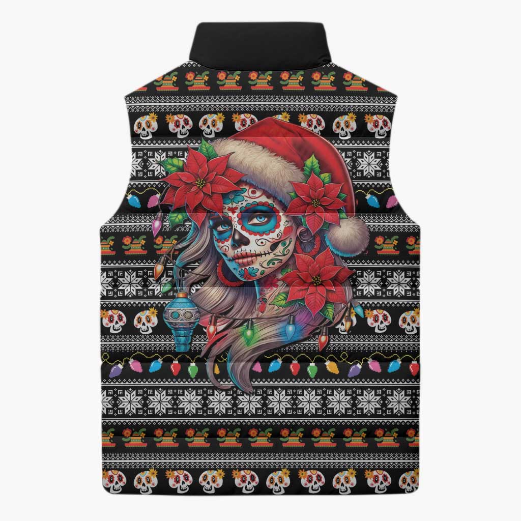 Mexican Sugar Skull Lady Christmas Sleeveless Puffer Jacket Feliz Navidad Mexico - Wonder Print Shop