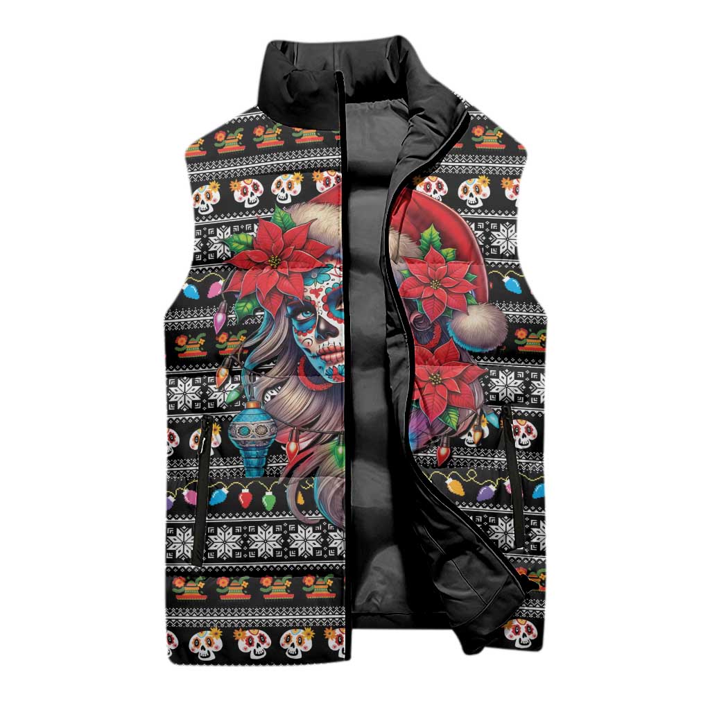 Mexican Sugar Skull Lady Christmas Sleeveless Puffer Jacket Feliz Navidad Mexico - Wonder Print Shop