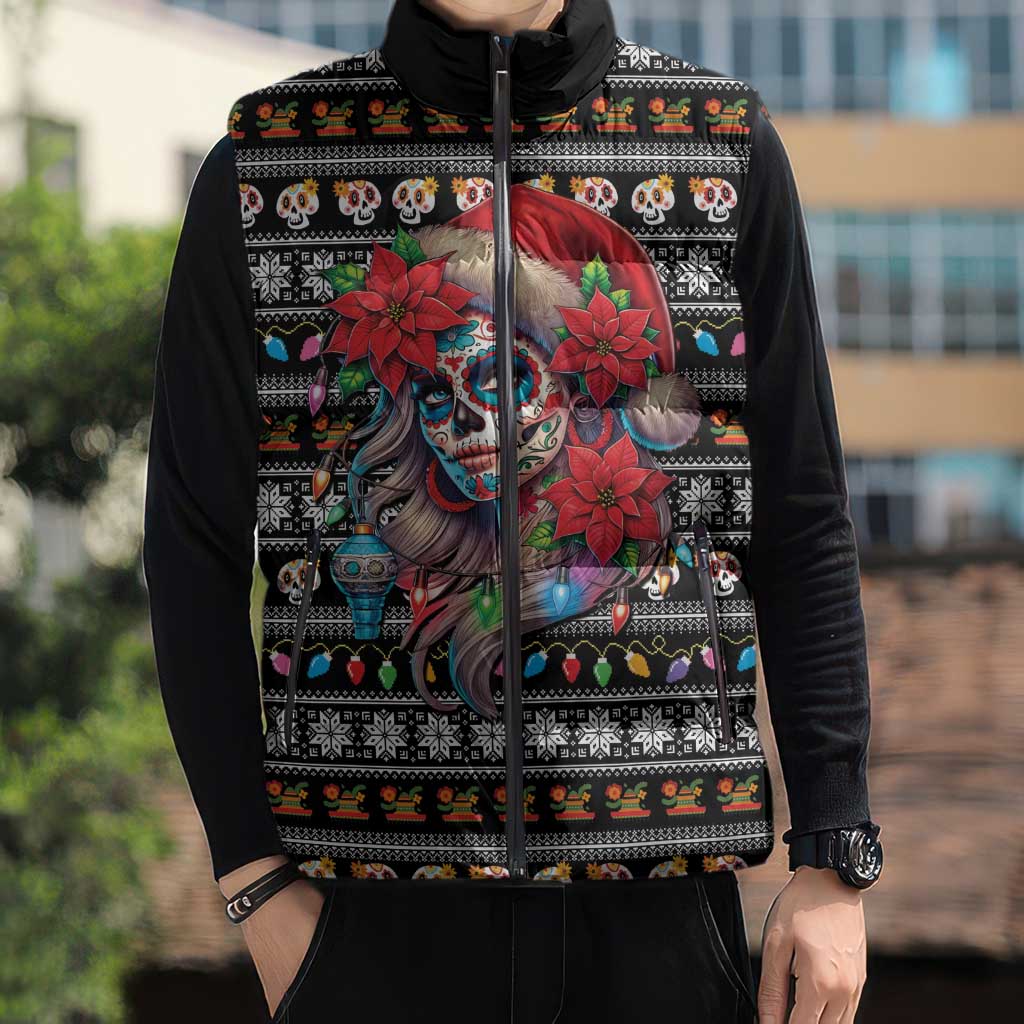 Mexican Sugar Skull Lady Christmas Sleeveless Puffer Jacket Feliz Navidad Mexico - Wonder Print Shop