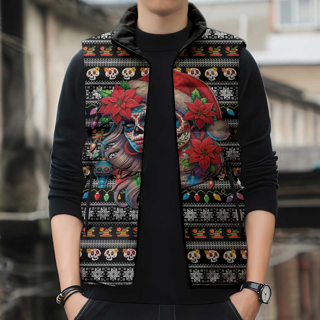 Mexican Sugar Skull Lady Christmas Sleeveless Puffer Jacket Feliz Navidad Mexico - Wonder Print Shop