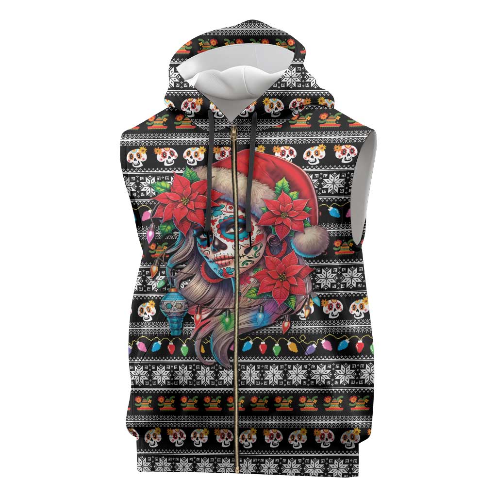 Mexican Sugar Skull Lady Christmas Sleeveless Zip Hoodie Feliz Navidad Mexico - Wonder Print Shop