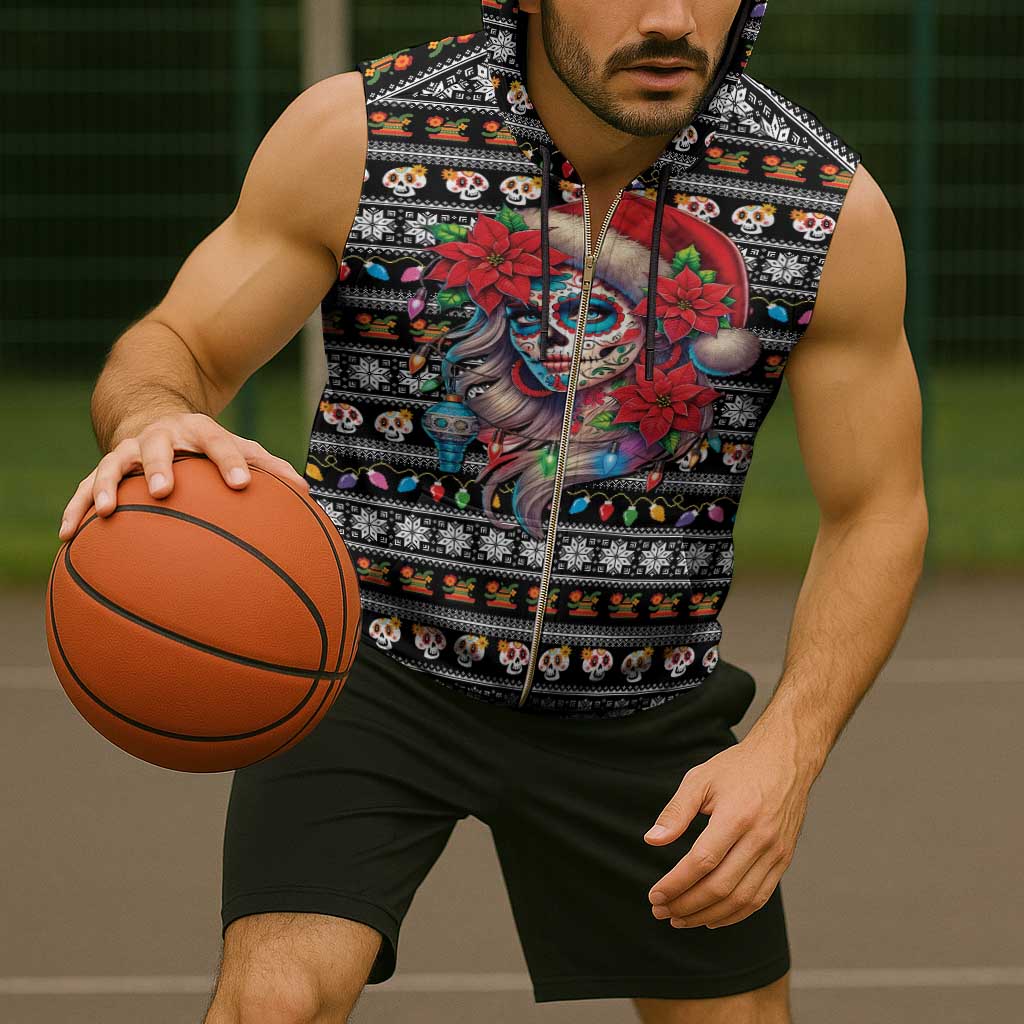 Mexican Sugar Skull Lady Christmas Sleeveless Zip Hoodie Feliz Navidad Mexico - Wonder Print Shop