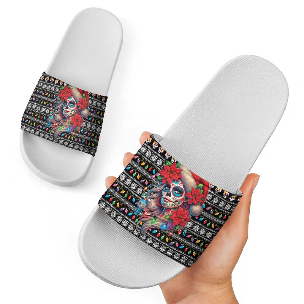 Mexican Sugar Skull Lady Christmas Slide Sandals Feliz Navidad Mexico - Wonder Print Shop