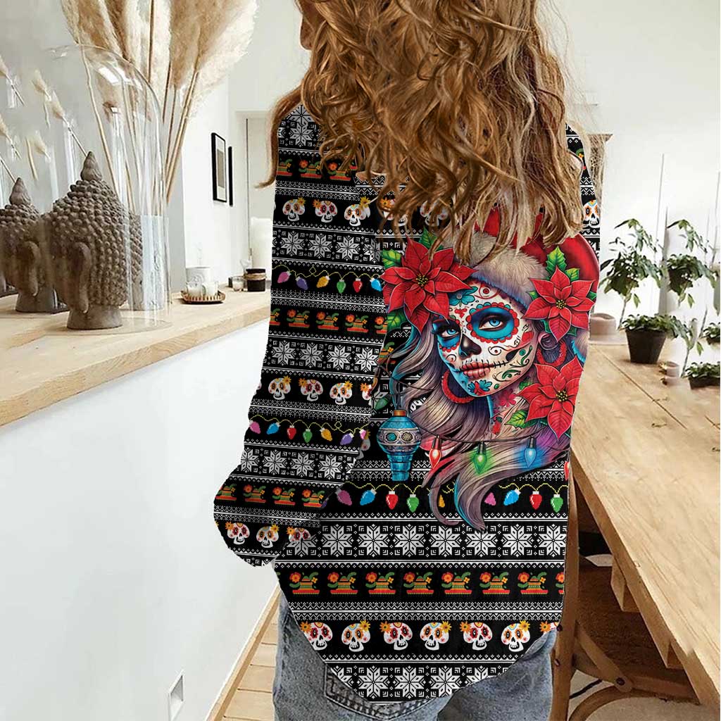 Mexican Sugar Skull Lady Christmas Women Casual Shirt Feliz Navidad Mexico - Wonder Print Shop