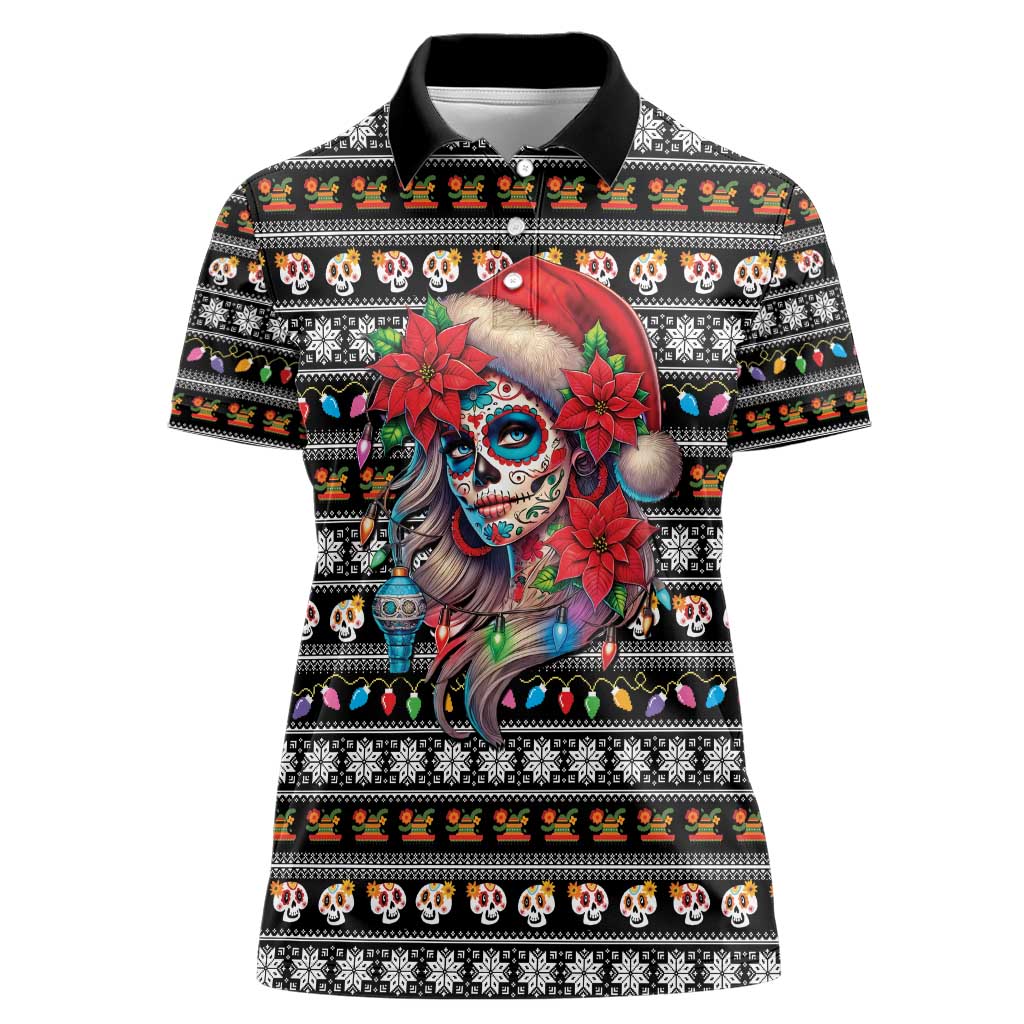 Mexican Sugar Skull Lady Christmas Women Polo Shirt Feliz Navidad Mexico - Wonder Print Shop