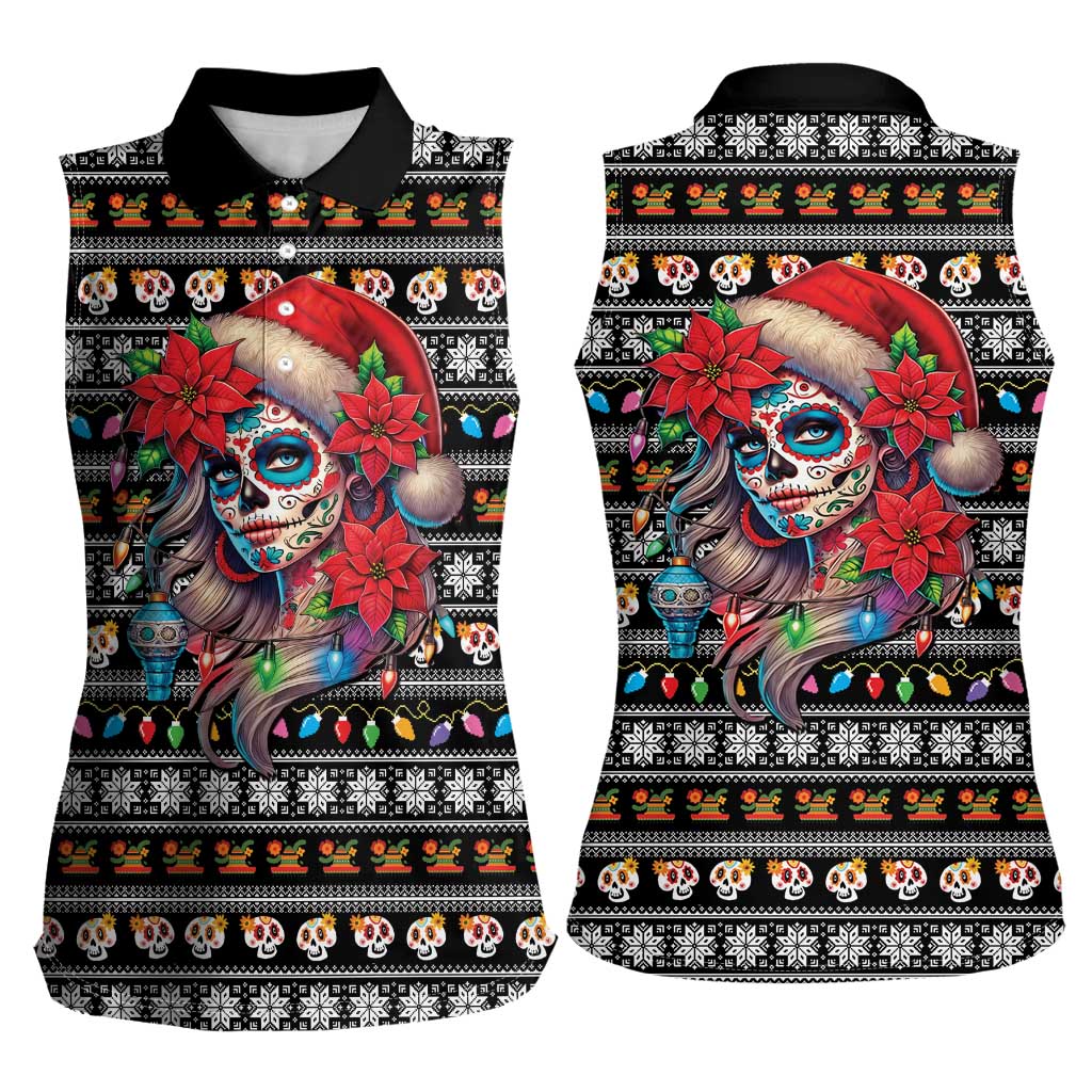 Mexican Sugar Skull Lady Christmas Women Sleeveless Polo Shirt Feliz Navidad Mexico - Wonder Print Shop