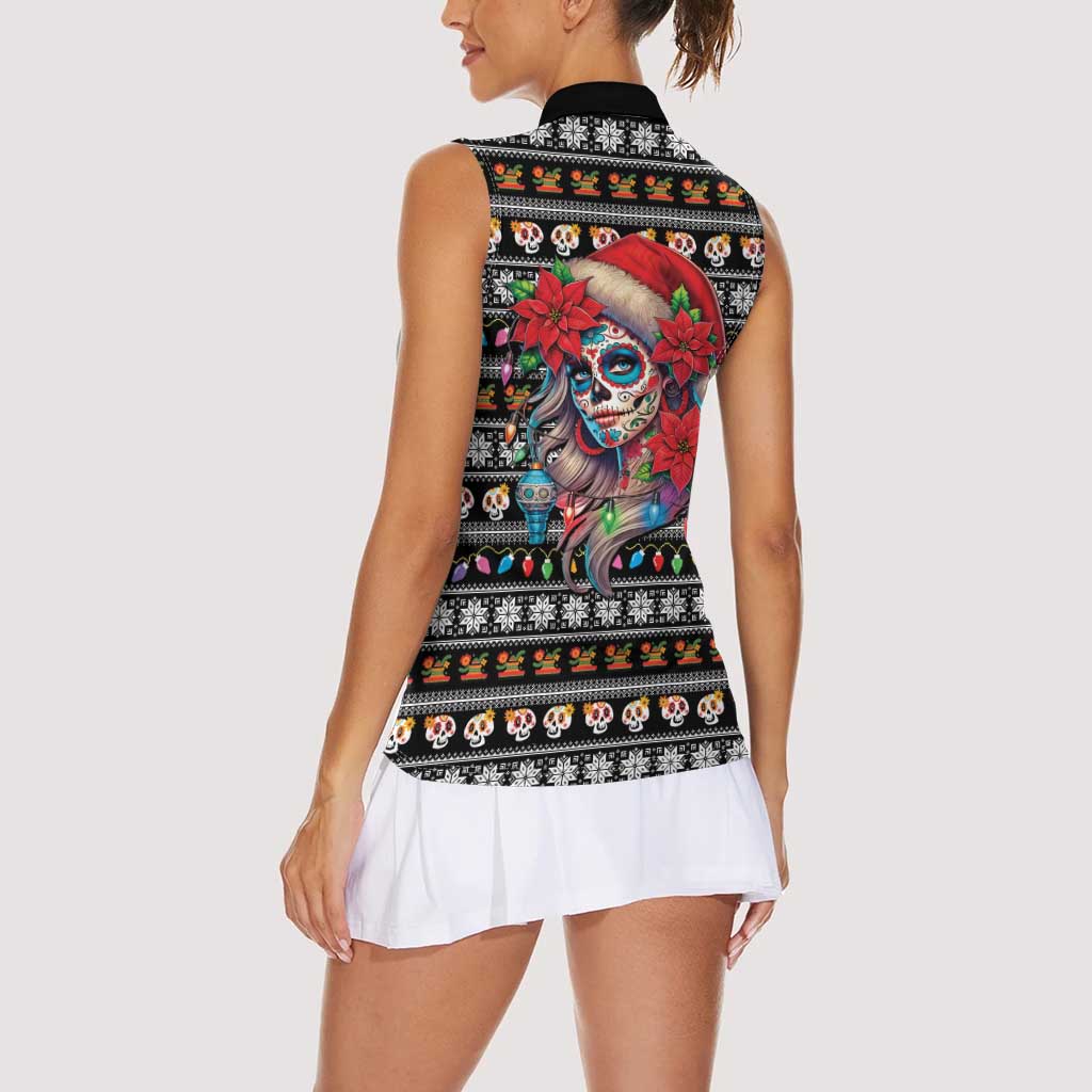 Mexican Sugar Skull Lady Christmas Women Sleeveless Polo Shirt Feliz Navidad Mexico - Wonder Print Shop