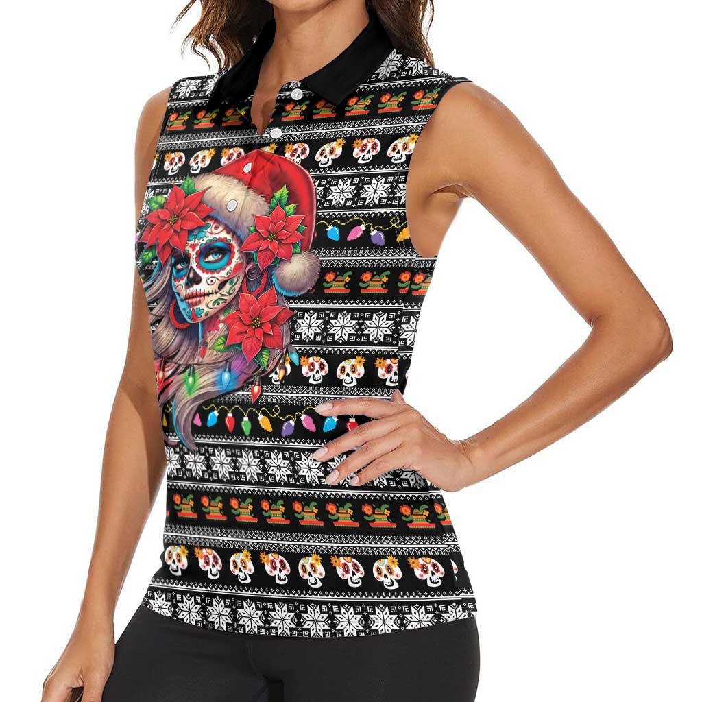 Mexican Sugar Skull Lady Christmas Women Sleeveless Polo Shirt Feliz Navidad Mexico - Wonder Print Shop