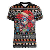 Mexican Sugar Skull Lady Christmas Women V-Neck T-Shirt Feliz Navidad Mexico - Wonder Print Shop