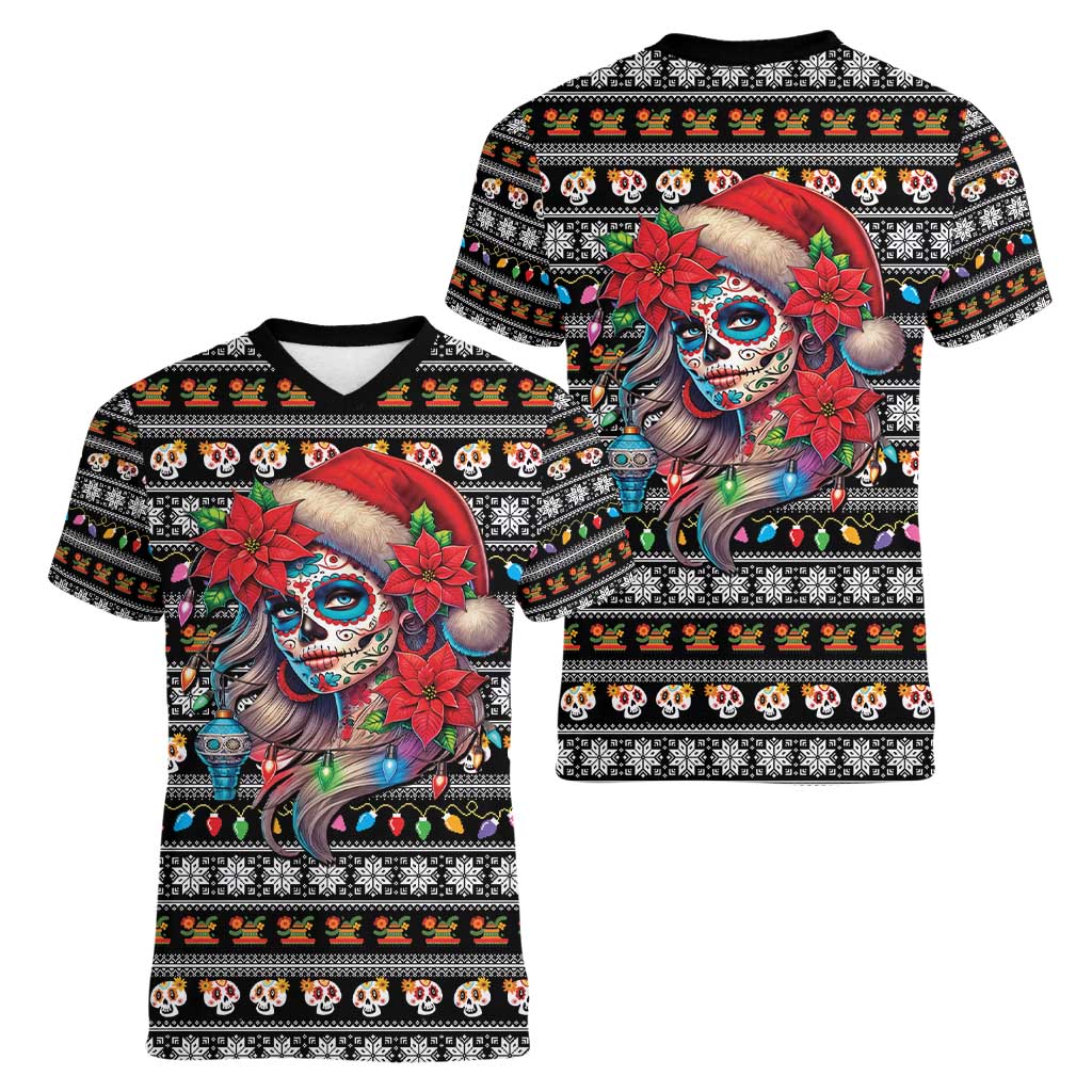 Mexican Sugar Skull Lady Christmas Women V-Neck T-Shirt Feliz Navidad Mexico - Wonder Print Shop