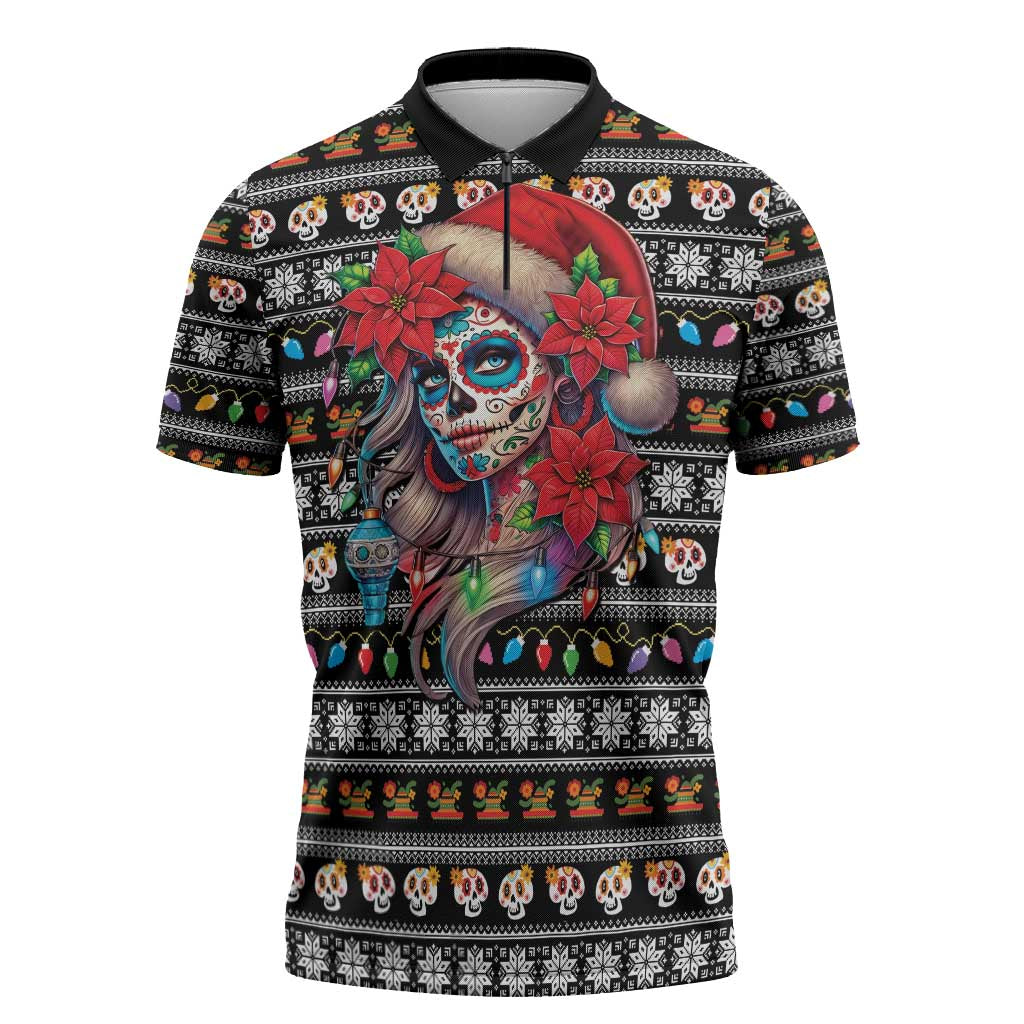 Mexican Sugar Skull Lady Christmas Zipper Polo Shirt Feliz Navidad Mexico - Wonder Print Shop