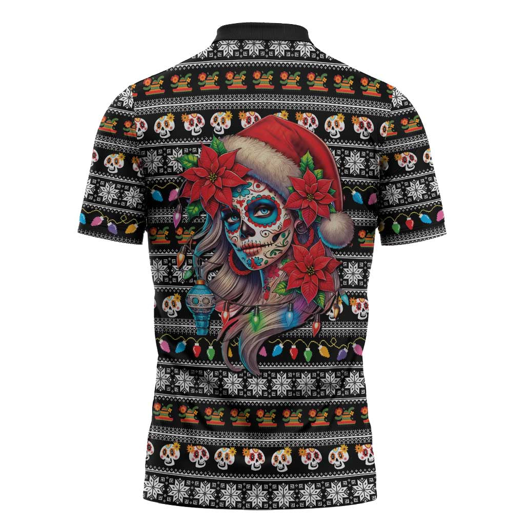 Mexican Sugar Skull Lady Christmas Zipper Polo Shirt Feliz Navidad Mexico - Wonder Print Shop